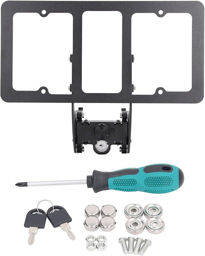 No Drill Front License Plate Bracket Holder - Universal License Plate Frame for Car Truck Van SUV with Galvanized Screw and Anti-Theft Bolt Caps, Stainless Steel Metal Binding Tape and Wrench Set