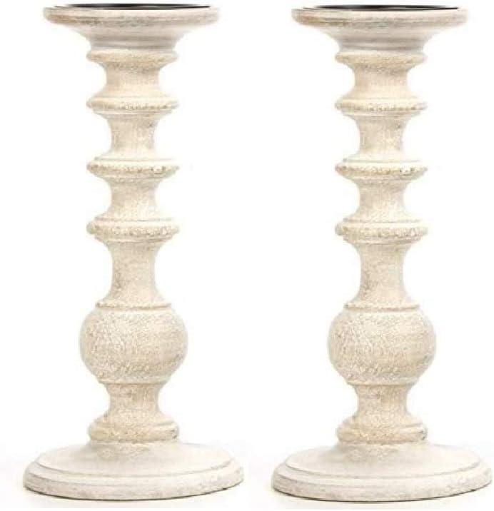 Hosley Set of 2 White Wooden Pillar Candle Holder 11 Inch High Country Style Ideal for Weddings or Parties as Well as Home Decor