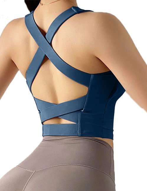 Women's Strappy Sports Bra Criss Cross Back Crop Tank Top Padded Fitness Workout Tops Longline Yoga Bras (Medium, Dark Blue)
