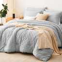 CozyLux King Size Comforter Set Light Grey Seersucker 7 Pieces Bed in a Bag King Comforter Set with Sheets, Light Gray Luxury Bedding Sets with Down Alternative Comforter, Sheets, Pillowcases & Shams
