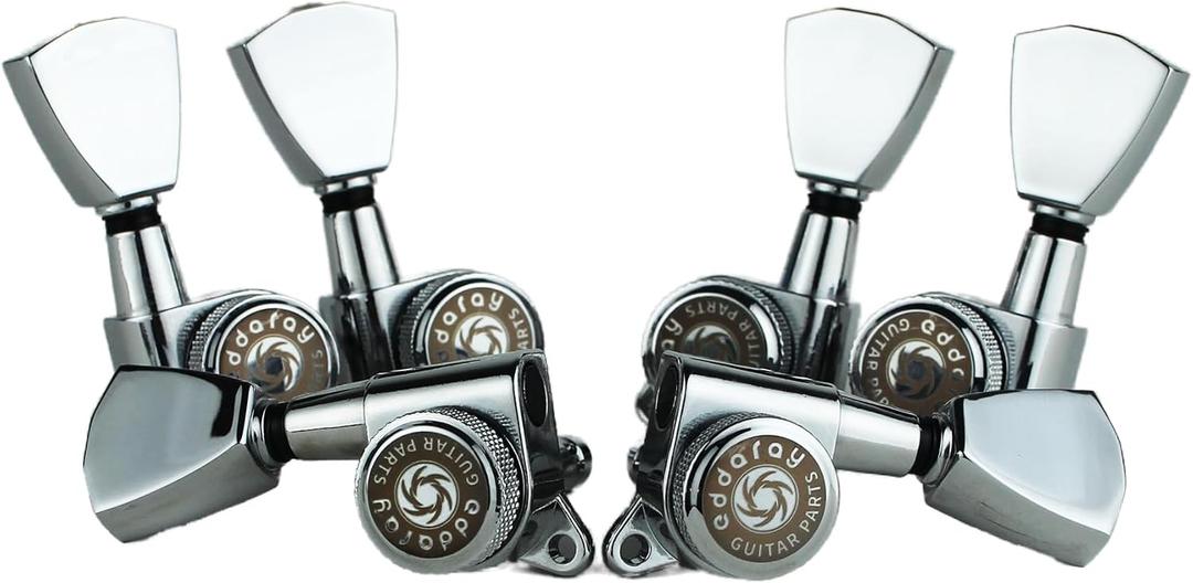 Guitar Locking Tuners (3R + 3L) - 1:18 Gear Ratio Lock String Tuning Key Pegs Machine Heads with Tulip Shaped Knob Replacement Guitar Accessories (E-104SP, Chrome)