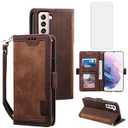 Asuwish Flip Phone Case for Samsung Galaxy S21 Plus/S21+ 5G, Brown Leather Wallet Case with Tempered Glass Screen Protector, Kickstand, Credit Card Holder, Lanyard