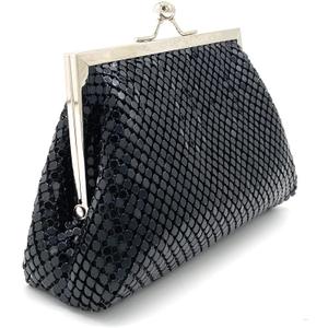 Vintage Clutch Purse for Women  Retro Metal Mesh Mini Evening Bag with Kiss Lock & Chain Strap for Wedding Party Prom Gift (Black)