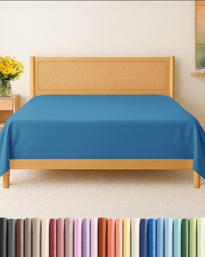 Twin Size Flat Sheet - Hotel Quality Top Flat Bed Sheet Only - Ultra-Soft, Breathable & Cooling - Fade & Wrinkle Free - Easy-Care, Stain & Shrink Resistant Bedding - Easy-Fit & Oeko-Tex - Denim Blue
