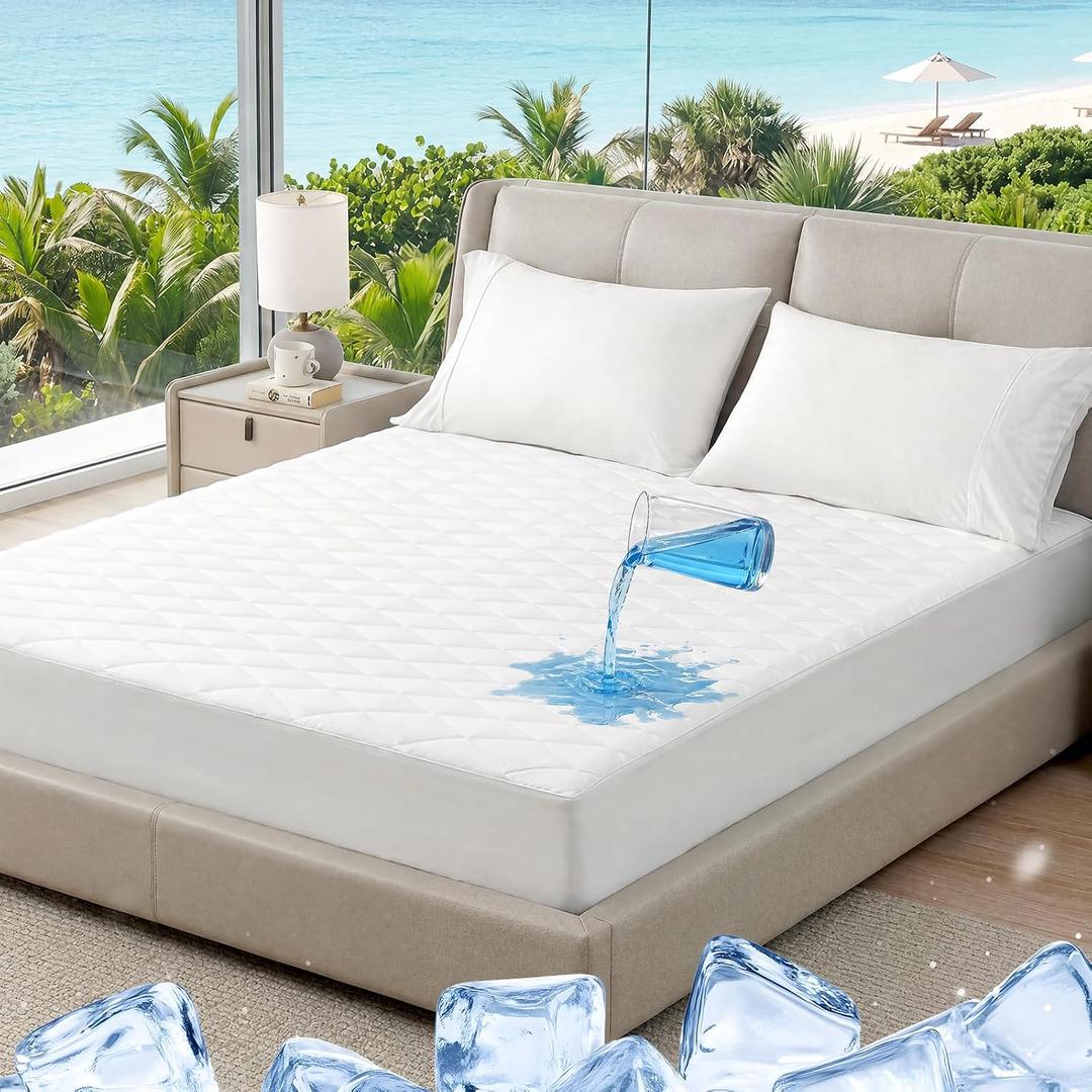 Cozy Bliss Leakproof Cooling Mattress Protector Queen, Q-Max 0.45 Soft Noiseless Breathable Mattress Topper Cover, with Deep Pocket Fits 8–18 Inches for Summer Bed Hot Sleepers, White
