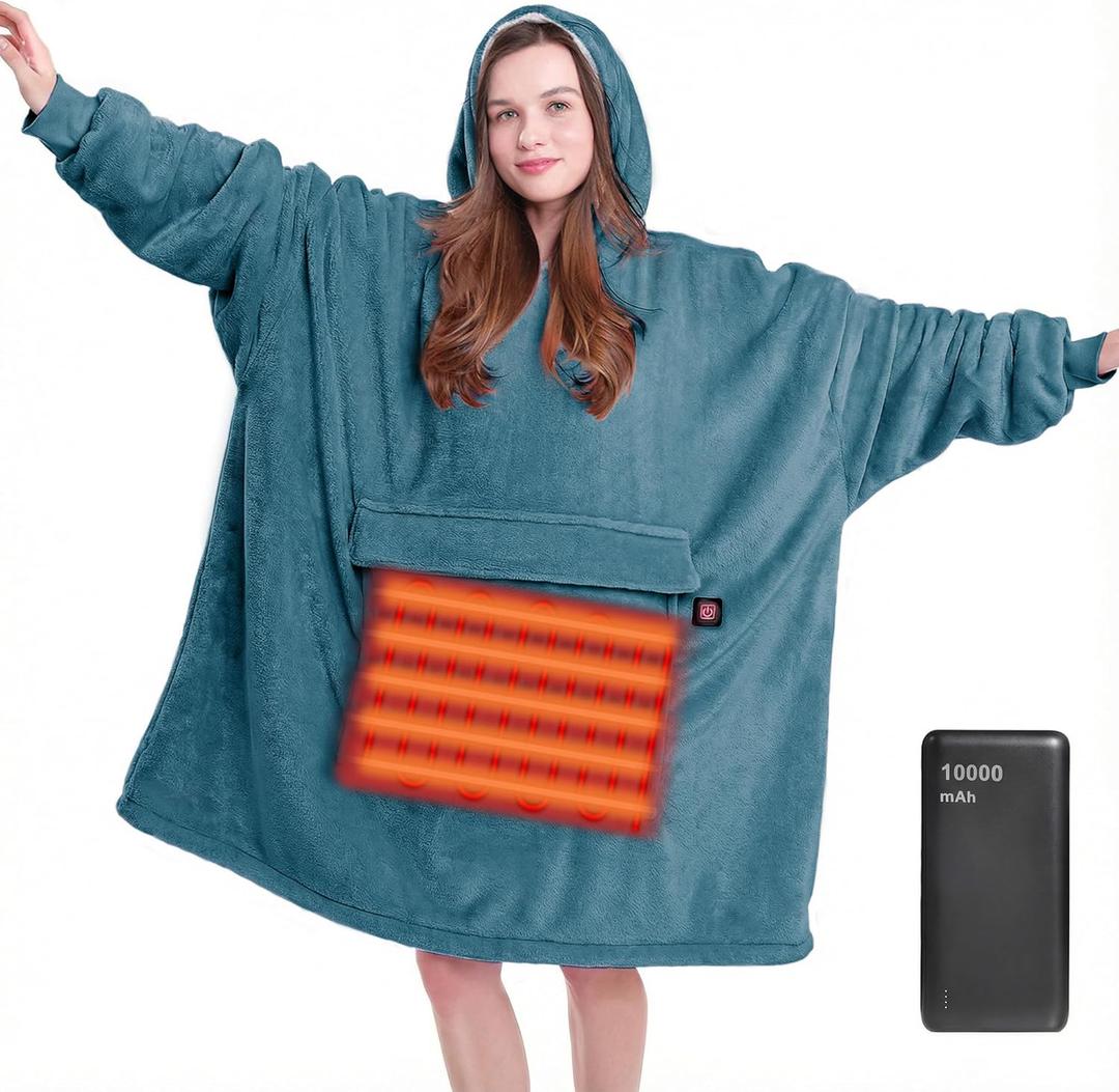 MAXEVE Heated Wearable Blanket Hoodie with Battery Pack 10000mah, Oversized Sherpa Blanket Hoodie for Women Men, Warm Soft Blanket Hoodie Sweatshirt Dusty Blue