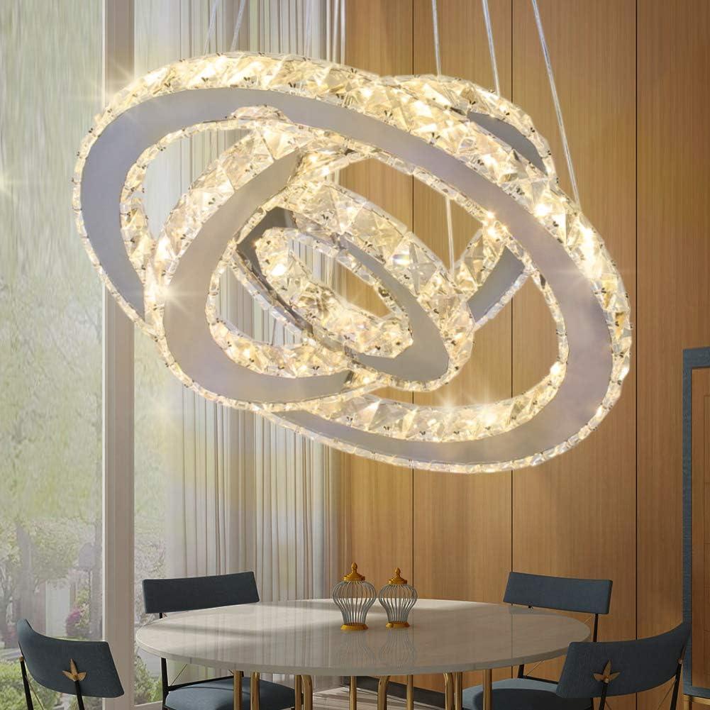 Modern LED Crystal Chandeliers 3 Ring Round Pendant Lighting Fixtures DIY Stainless Steel Ceiling Lamp Hanging Lights for Living Room Dining Room Bedroom Kitchen (Warm Light)