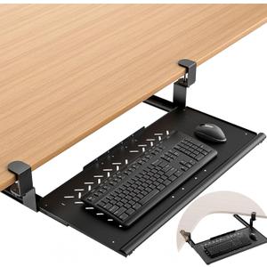 Keyboard Tray Under Desk - Full Metal Slide Out Ergonomic Holder, Rust-Resistant & Scratch-Proof, Double C-Clamps, 26x13" Tray for L Shape/Regular Desks, Standing/Sitting Workstation