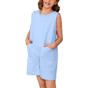 Willow Dance Girls' Summer Casual Rompers Sleeveless Loose Onesie Shorts Overall Jumpsuit with Pockets Beach Outfits