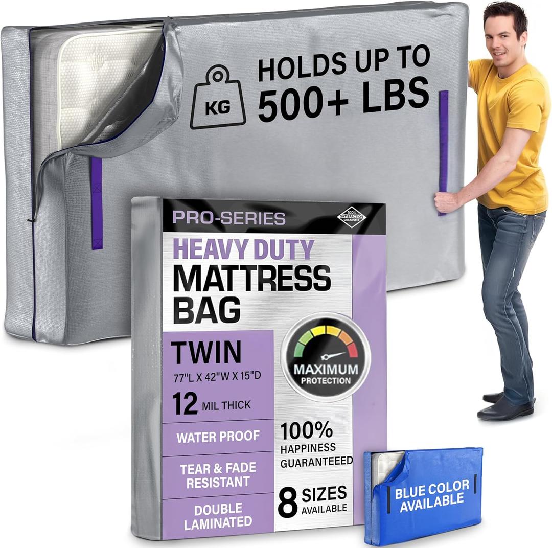 Twin Mattress Bags for Moving - Heavy Duty 10 Mil Thick Zippered Mattress Cover for Moving w 8 Carrying Handles - Moving Mattress Protector Bag - Waterproof Plastic Mattress Storage Bag  (Twin, Silver)