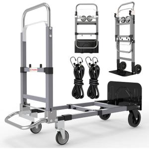 Convertible Hand Truck Dolly Cart, Folding Hand Cart with Wheels Collapsible Hand Truck, Aluminum Dolly Cart for Moving Luggages, Boxes, Large Cartons, 500 Lbs Load Capacity (Improved Four Wheel Convertible Hand Truck)