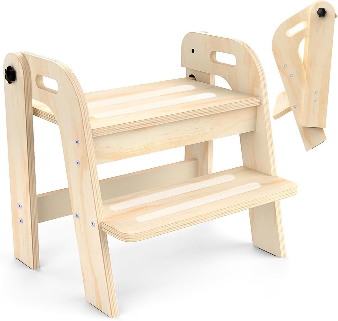 Wooden Toddler Step Stool, Foldable 2-Step Stool for Kids Bathroom Sink, Toilet Potty Training with Handles, Anti-Slip for Kitchen, Nursery, Bedroom(16.9 Wide)