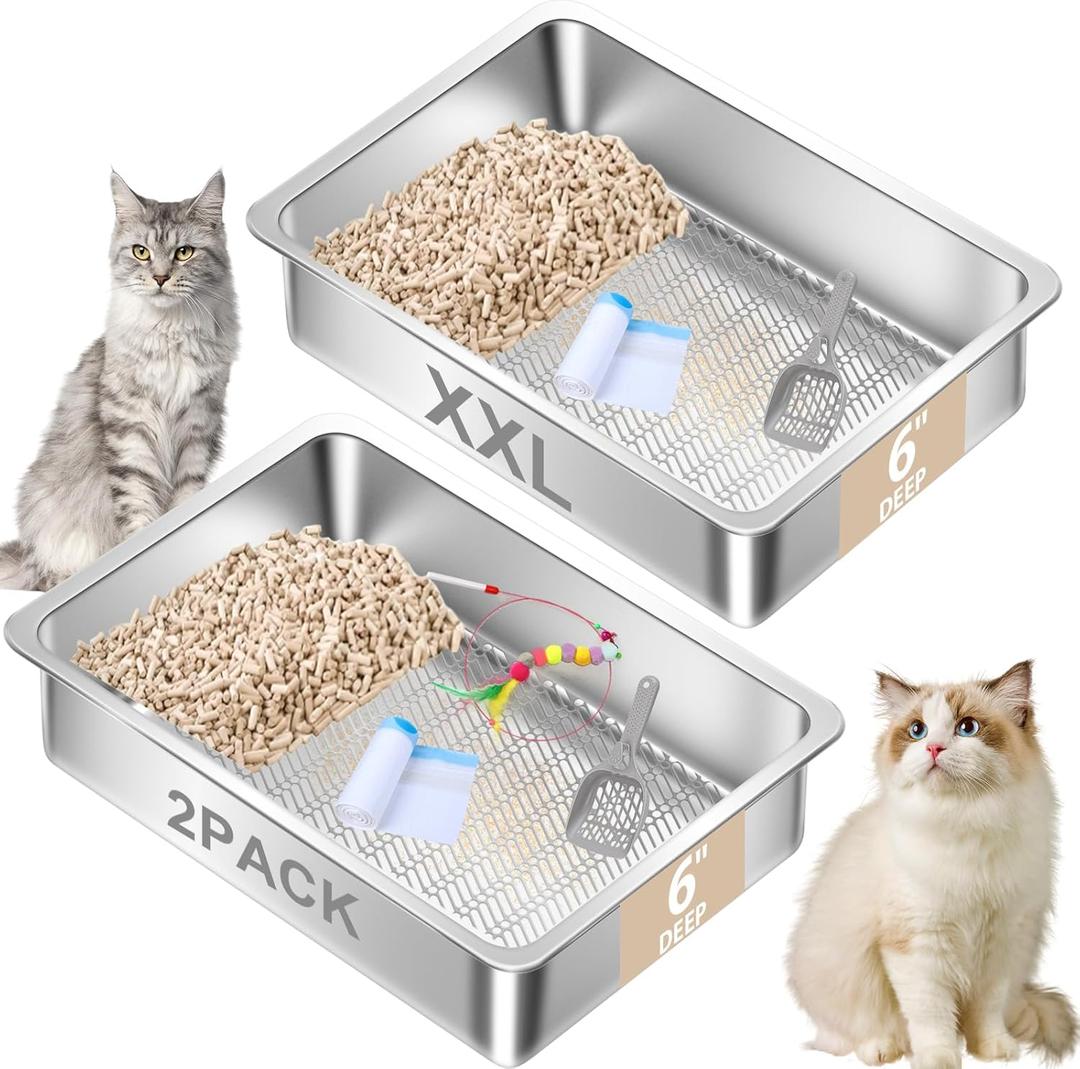 2 Pack Stainless Steel Sifting Litter Box, Sifting Cat Litter Box for Wood Pine Pellets,Extra Large XL Sifter Litter Pan System with Litte Liners and Scoop-23.6''L x 15.7''W x 6''H