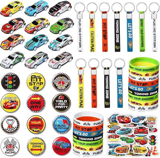98 PCS Race Cars Party Favor Supplies Kit Racecar Birthday Themed Decoration Set with Mini Race Cars Toys Cartoon Transportation Stickers Keychain Wristband Bracelet Badge Pack