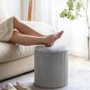 LITZFUR Round Ottoman with Storage,Velvet Upholstered Vanity Stool & Folding Foot Rest,Coffee Table for Living Room,Bedroom,Gray