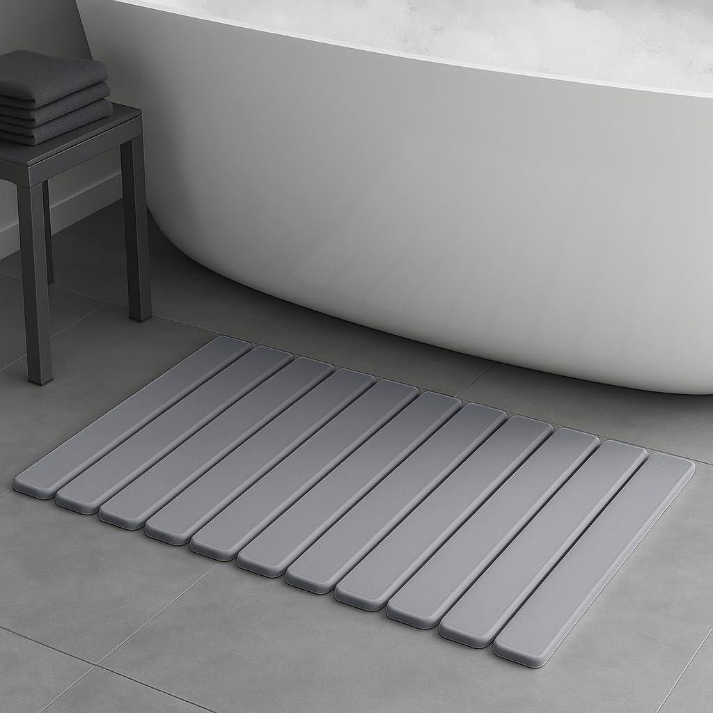 Premium Foldable Stone Bath Mat - Ultra Absorbent Quick Drying Compact Easy to Store & Clean Non-Slip Diatomaceous Earth Bath Shower Mat (Delicate Grey) (23.6" x 15.3")