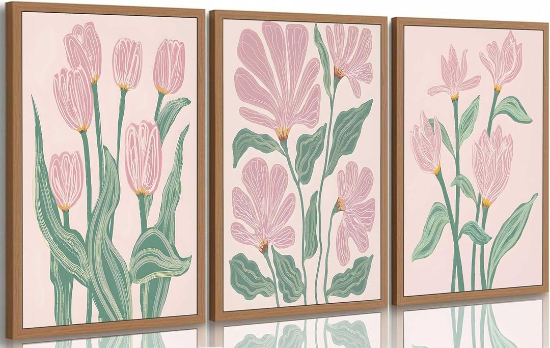 3 Pcs Pink Tulips Flowers Canvas Wall Art Boho Pink and Green Abstract Floral Botanical Paintings Pictures Wall Decor Poster Print Artwork for Living Room Bedroom Home Decoration Unframed (24L"x16W")