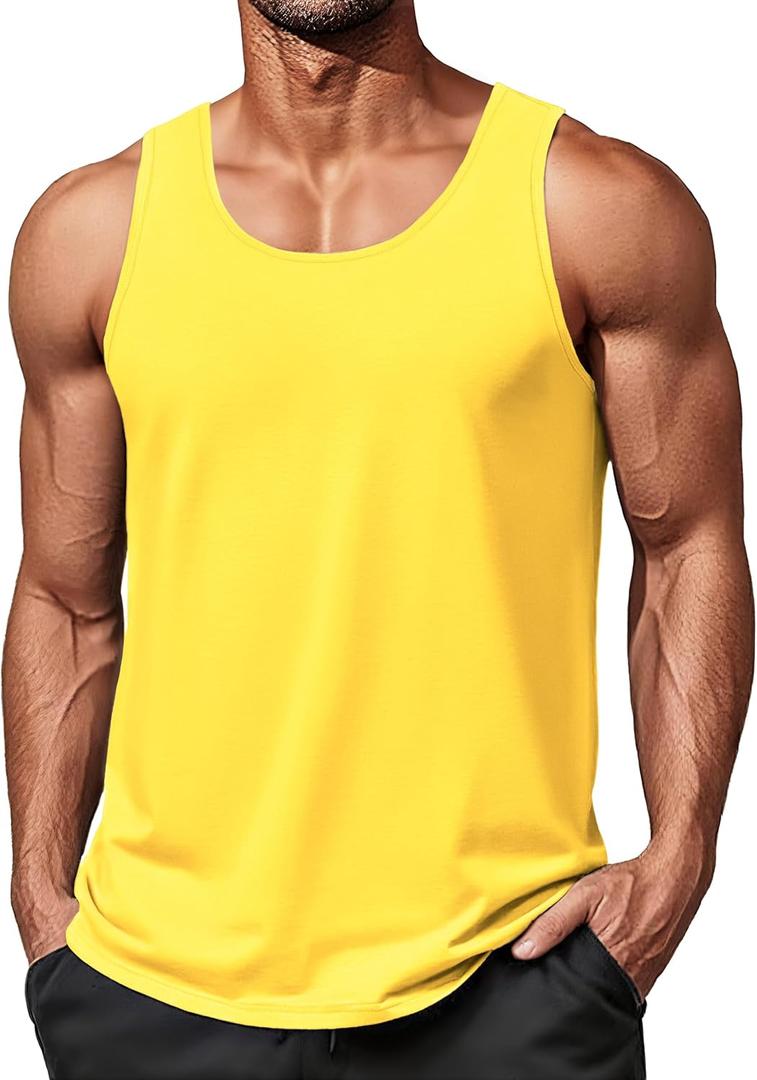 EKLENTSON Men's Workout Tank Top Summer Quick Dry Gym Shirts Muscle Sleeveless Cotton Shirt Moisture Wicking Beach (Yellow, M)