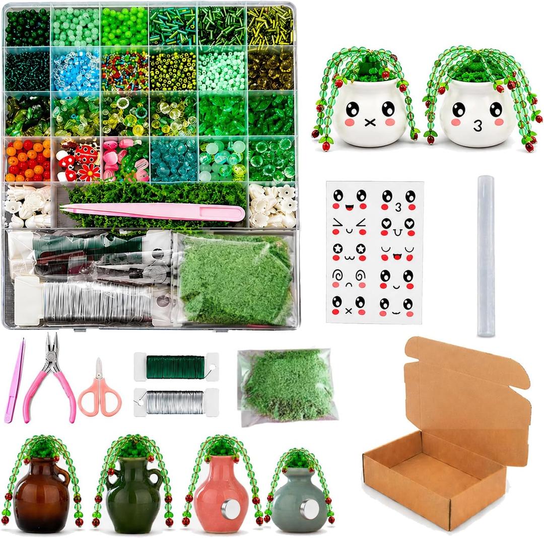 Vittqsuier 4607pcs DIY Green Glass Beads Plant Kit, Includes 4 Mini Vase Magnets for Fridge, 2 Plant Pots, Perfect for Making Succulent Plant Crafts, Window Suncatchers, Handmade Gift for Plant Lovers