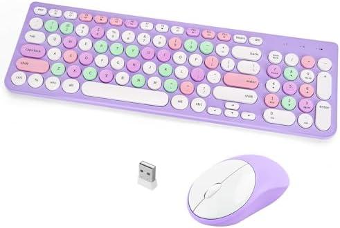 Wireless Keyboard and Mouse Combo, Retro Typewriter Keyboard with Round Keycaps, 2.4GHz USB Cute Wireless Keyboard Mouse for Computer, Desktop, Laptop (Purple Colorful)
