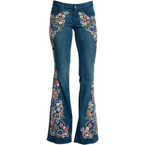 AULKEEP Women Embroidery Bell Bottom Jeans Slim Washed Floral Graphic Blue Jean Casual High Waist Pants (3XL)