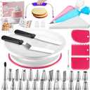 Syntus 65 PCs Cake Decorating Kit with Cake Stand Turntable, Cake Baking Supplies 30+1 Piping Bags, 24 Piping Tips, Offset & Straight Spatulas, 3 Scrapers, Leveler, 2 Couplers & 1 Tips Brush (Rose Pink)
