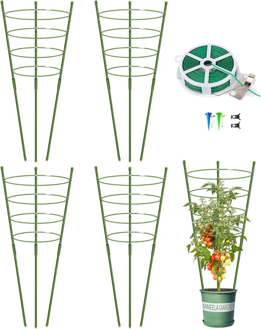 4 Pack Garden Plant Support Tomato Cage, Upgrade 36'' Trellis for Climbing Plants, Plant Trellis Kits with 4 Self Watering Spikes and 20 Plant Clips (36'') (Upcage-4T-23)