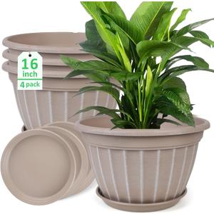 FGstyle 4 Pack 16 inch Plant Pots, Retro Vertical Stripe Planters with Drainage Holes and Saucer, Sturdy Plastic Garden Flower Pots for Indoor & Outdoor Plants(Beige)