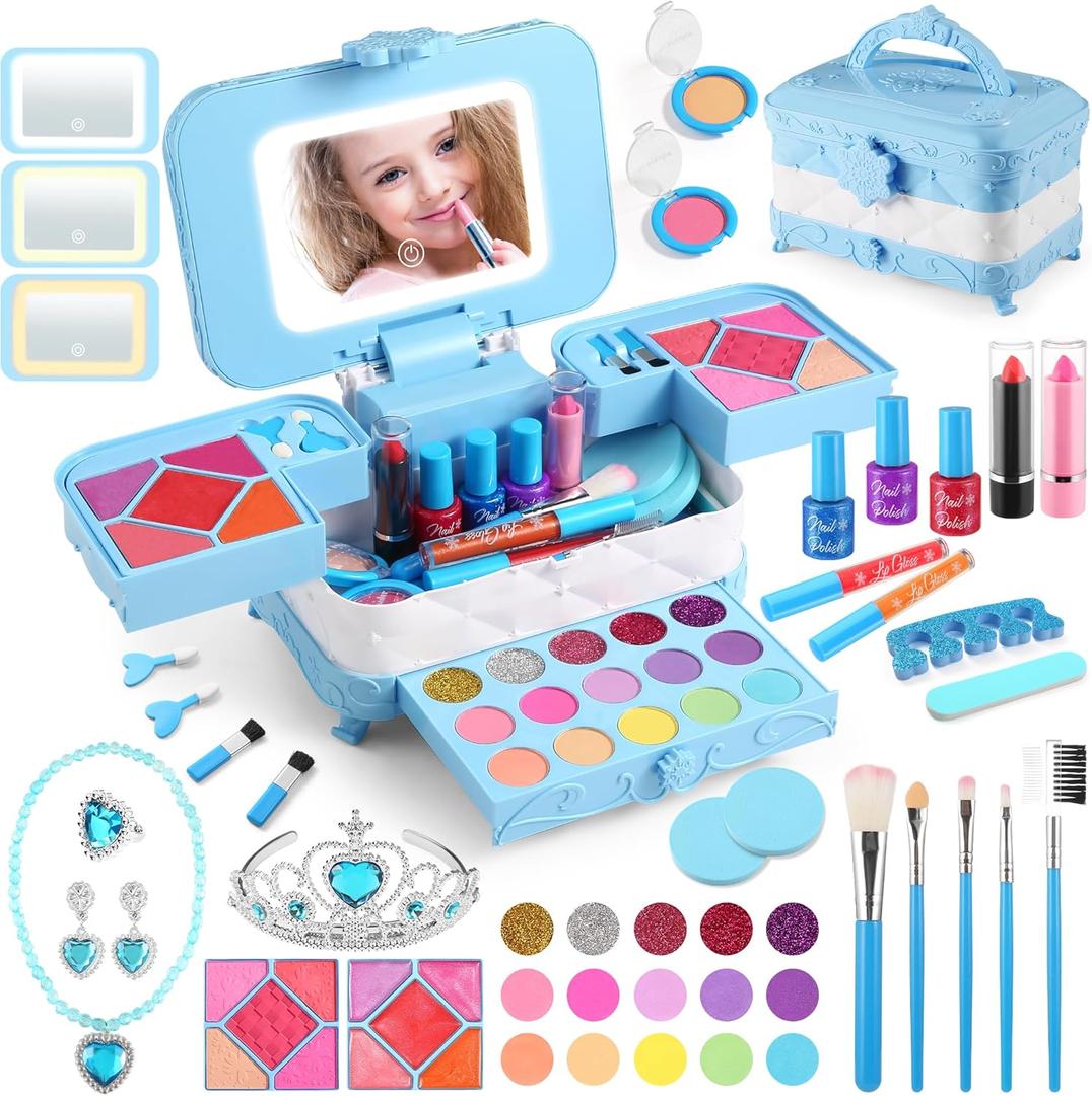 57 in 1 Kids Makeup Kit With 3-Color LED Mirror, Real Washable, Perfect Girl Birthday Gift, Age 3+ (Blue)