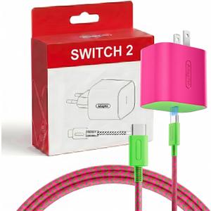 TPC 60W Charger for Nintendo Switch 2, 20V 3A AC Adapter Fast Charging with 6.6FT Braided USB-C Cord, Compatible with Switch 1, Lite, OLED, Steam Deck, Support 4K TV Mode (Magenta & Green)