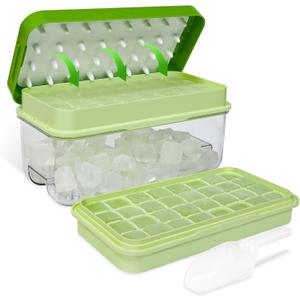 Ice Trays for Freezer with Lid & Bin, Ice Cube Tray Making 64 pcs Ice Cubes, Easy Press to Release Ice, Ice Tray with Storage Bin Chilling Cocktail Whiskey Coffee 2 Trays 1 Ice Bucket & Scoop (Green)