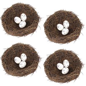 LWINGFLYER Artificial Birds Nest with Eggs 4 Sets Large Decorative Rattan Birds Nest 4.7Inch for Spring Christmas Tree Ornaments Easter Decor Crafts Patio Garden Home Decor