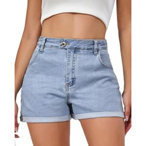 VIPONES Denim Shorts Women Stretchy High Waisted Fold Hem Jean Shorts 3.5 Inch Inseam Casual Summer Hot Shorts After Dusk Blue (Blue, XS)