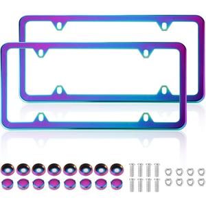 Iridescent License Plate Frame, 2 Pack Stainless Steel Mirror Polish Treatment, Universal US Car License Plate Bracket Holder, 4 Holes Theft Design, Rustproof Weatherproof(with mounting Fittings).