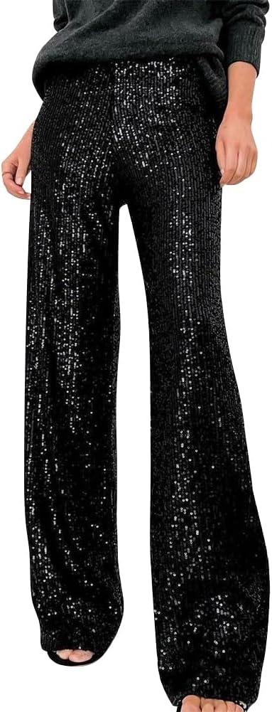 ODIZLI Womens Wide Leg Sparkle Sequin Pants Elastic High Waisted Bling Glitter Dance Pants (Large, Black)