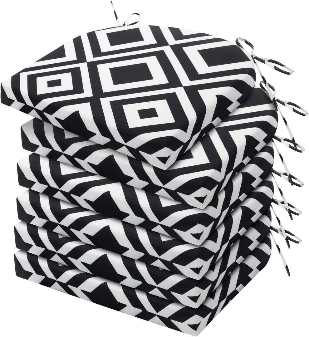 HARBOREST Outdoor Chair Cushions Set of 6, Water Resistant Patio Chair Cushions with Ties, Outdoor Seat Cushions for Patio Furniture, 17"x16"x2", Black/White Diamond