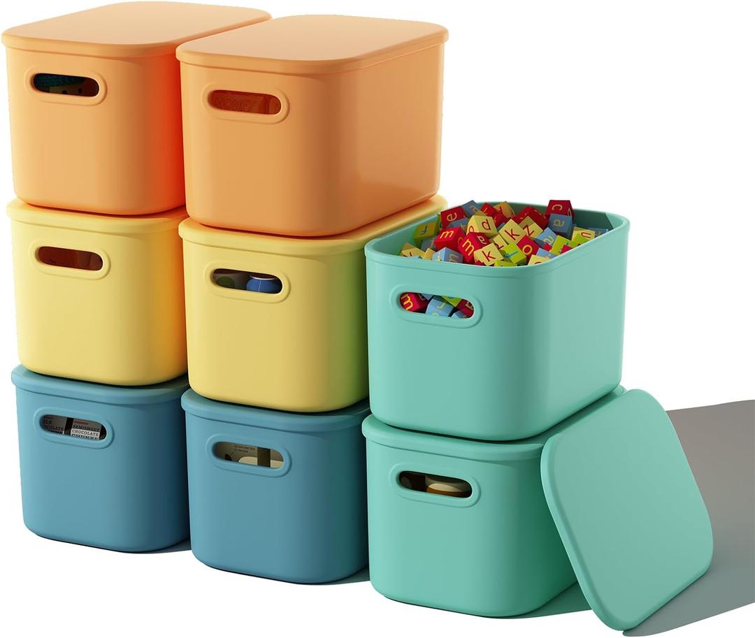 ORGIDOL 8 Pack Colorful Storage Bins with Lids Stackable Storage Container for Organizing, Storage Boxes with Handle for Shelves, Cute Storage Bin for Craft, Snacks, 9.85x6.9x5.7 inch