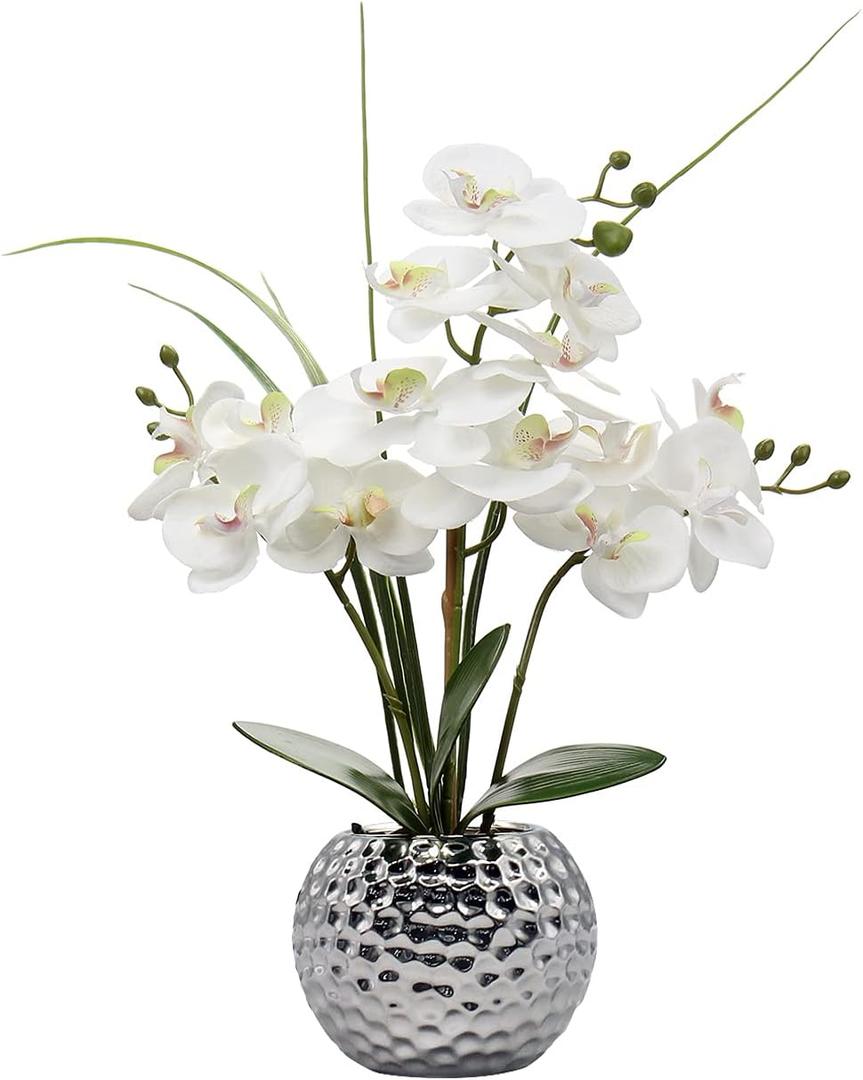 Oairse Artificial White Phalaenopsis Orchid Flower Arrangements 20.8" Faux Orchid Flower in Silver Pot Orchid Centerpiece for Dining Room Table