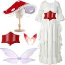 Mepase Halloween Renaissance Medieval Costume with Mushroom Hat Cinch Belt Fairy Elf Ear Butterfly Wings Costume for Cosplay (Small-Medium, Red)