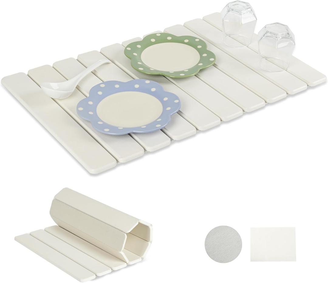 24"(L)16"(W) Foldable Stone Dish Drying Mat Fast Dry and Quickly Absorbed Collapsible Drying Mat, Protection Kitchen Counter , Diatomaceous Earth Food Grade Stone Drying Trays (White, 16*24 inch)