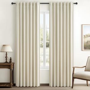 Warm Cream Thick Linen Black Out Curtains 86 Inch Long for Living Room 2 Panels Set, Farmhouse Pleated Room Darkening Window Drapes Insulated Privacy for Kids Bedroom 50"W x 86"L (Rod Pocket Back Tab)