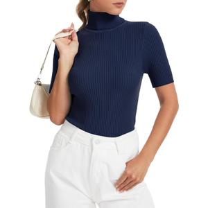 Women's Fall Short Sleeve Sweater Turtleneck Pullover Tops Winter Basic Ribbed Knit Slim Fitted Casual Shirts (XX-Large, Navy)