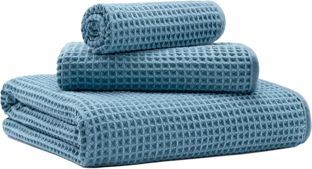 New Microfiber Waffle Bath Towels, 3 Pieces, Oversized, Soft, Absorbent, Fast Drying, Lint Free, Includes Bath, Face and Hand Towels 430 GSM (Blue)