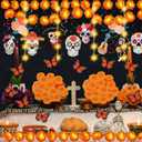 80 Pcs Day of The Dead Decorations Set Sugar Skull Hanging Swirls String Light Marigold Garland Monarch Butterfly Marigold Flowers with Stem for Dia De Los Muertos Party Ofrenda Altar Decor (Orange)