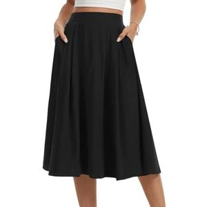 Kinnette Women's Midi Flowy Skirts Summer A-Line High Waisted Casual Below-The-Knee Skirt with Pockets S