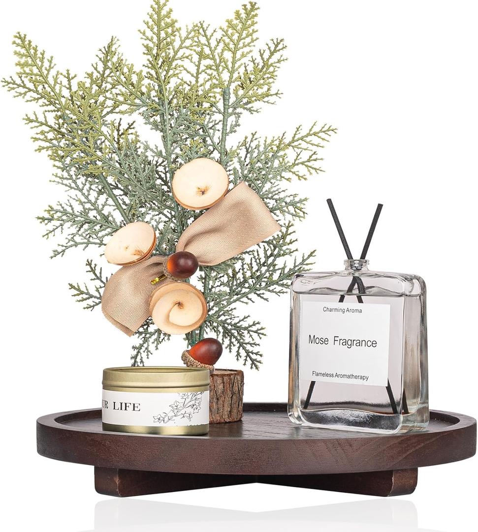 Round Decorative Tray Wood Bathroom Counter Organizer Farmhouse Kitchen Decor Wooden Riser for Soap Dish, Perfume, Candle, Sponge, 10" - Walnut