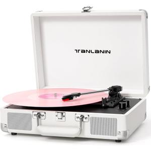 Record Player with Built-in Stereo Speakers 3-Speed Bluetooth Portable Suitcase Vinyl Record Player Treble & Bass Gain Belt Drive Vintage Turntable AUX Line-in/Out, White