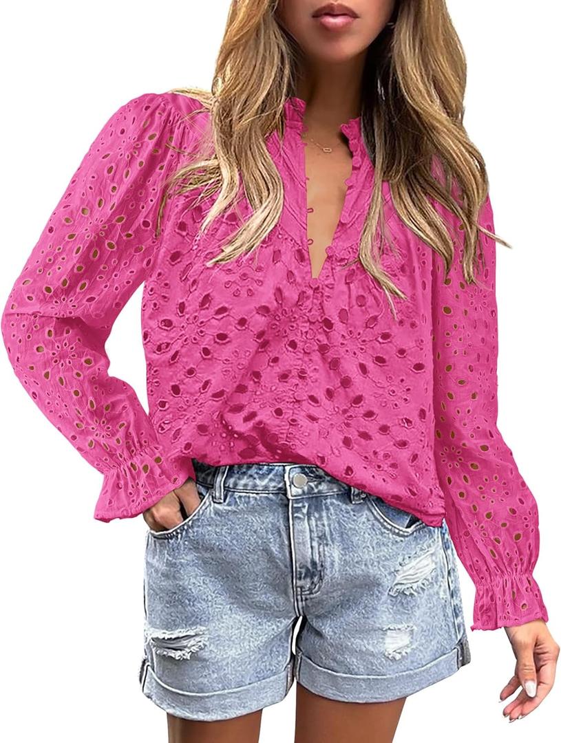 PRETTYGARDEN Women's Dressy Casual Blouse Tops Fall Spring Puff Long Sleeve Button V Neck Hollow Out Lace Embroidered Shirts (Pink)
