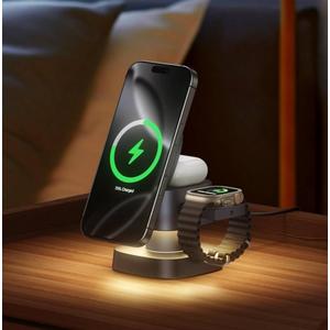 4 in 1 Wireless Charger, 3 in 1 Wireless Charging Station with Night Light for MagSafe Charger, 15W Magnetic Travel Stand for iPhone17/Air/Pro/Max/16/15/14, Apple Watch, Airpods (Gray)