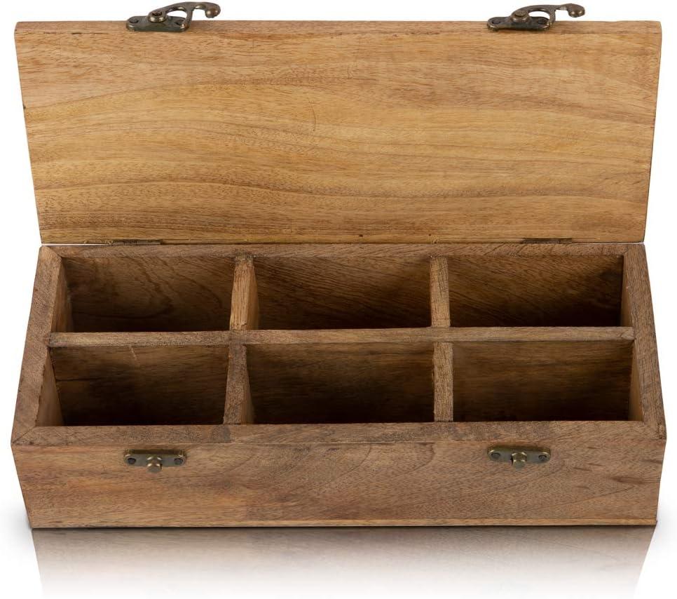 Wooden Tea Box Storage Chest Organizer Container Holder Rack With 6 Storage Compartments For Assorted Variety Of Loose Tea Spices & Herbs Natural Eco Friendly Vintage Rustic Decorative Box